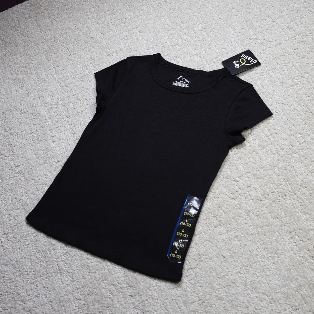 Art Class Girls Black Ribbed Short Sleeve Crew Neck Tee Shirt Size L 10-12 NWT